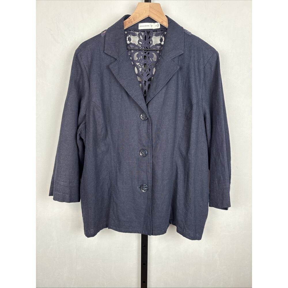 Susan‎ Graver Linen Blend Blazer Jacket XL Navy Blue Crochet Detail Boho Classic